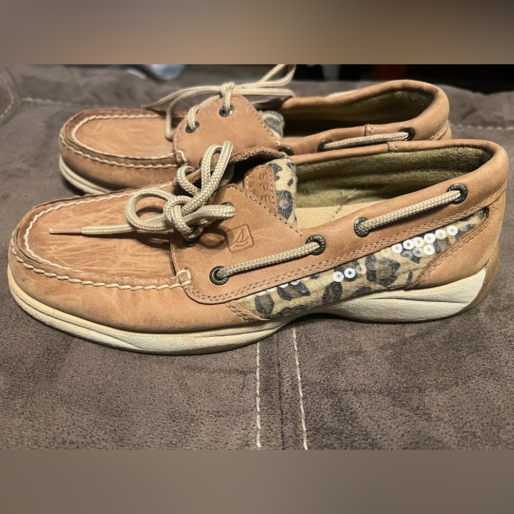 Sperry Tan Boat Shoes with Leopard Print